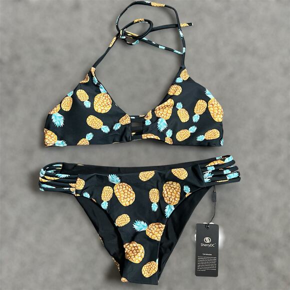 Sherry DC 2 Piece Bikini SMALL Black Pineapple Beach Hipster Strappy Halter NEW - Picture 1 of 8